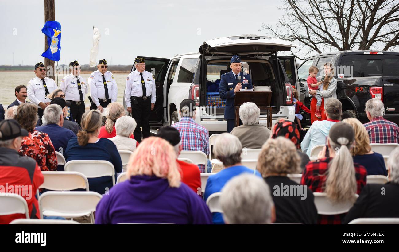Brig. Gen. Lyle K. Drew, Sheppard Air Force Base, Texas, and 82nd Training Wing commander, addresses the audience during the celebration of Vietnam War memorial unveiling event at Lake Wichita Park in Wichita Falls, Texas, March 29, 2022. Sheppard AFB was a location where American POWs were repatriated and reunited with family during Operation Homecoming following in the Vietnam War. Stock Photo