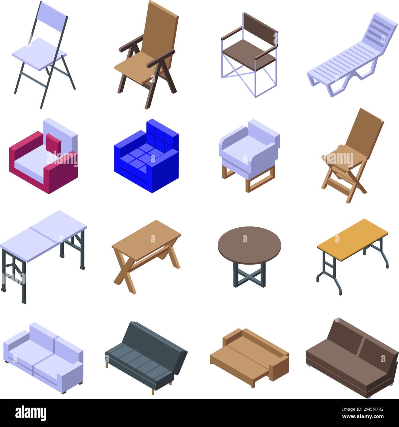 Folding furniture icons set. Isometric set of folding furniture vector icons for web design isolated on white background Stock Vector