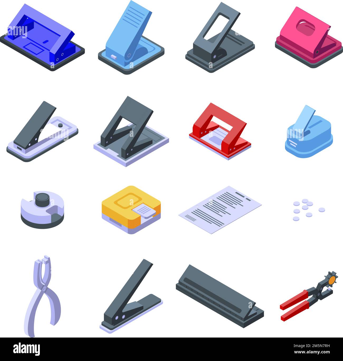 Hole puncher icons set. Isometric set of hole puncher vector icons for