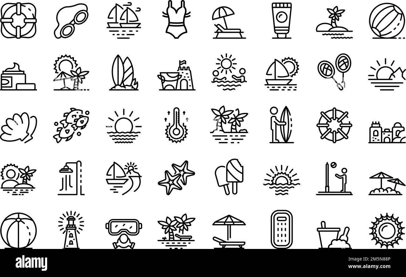 Beach Landscape Icons Set. Outline Set Of Beach Landscape Vector Icons 