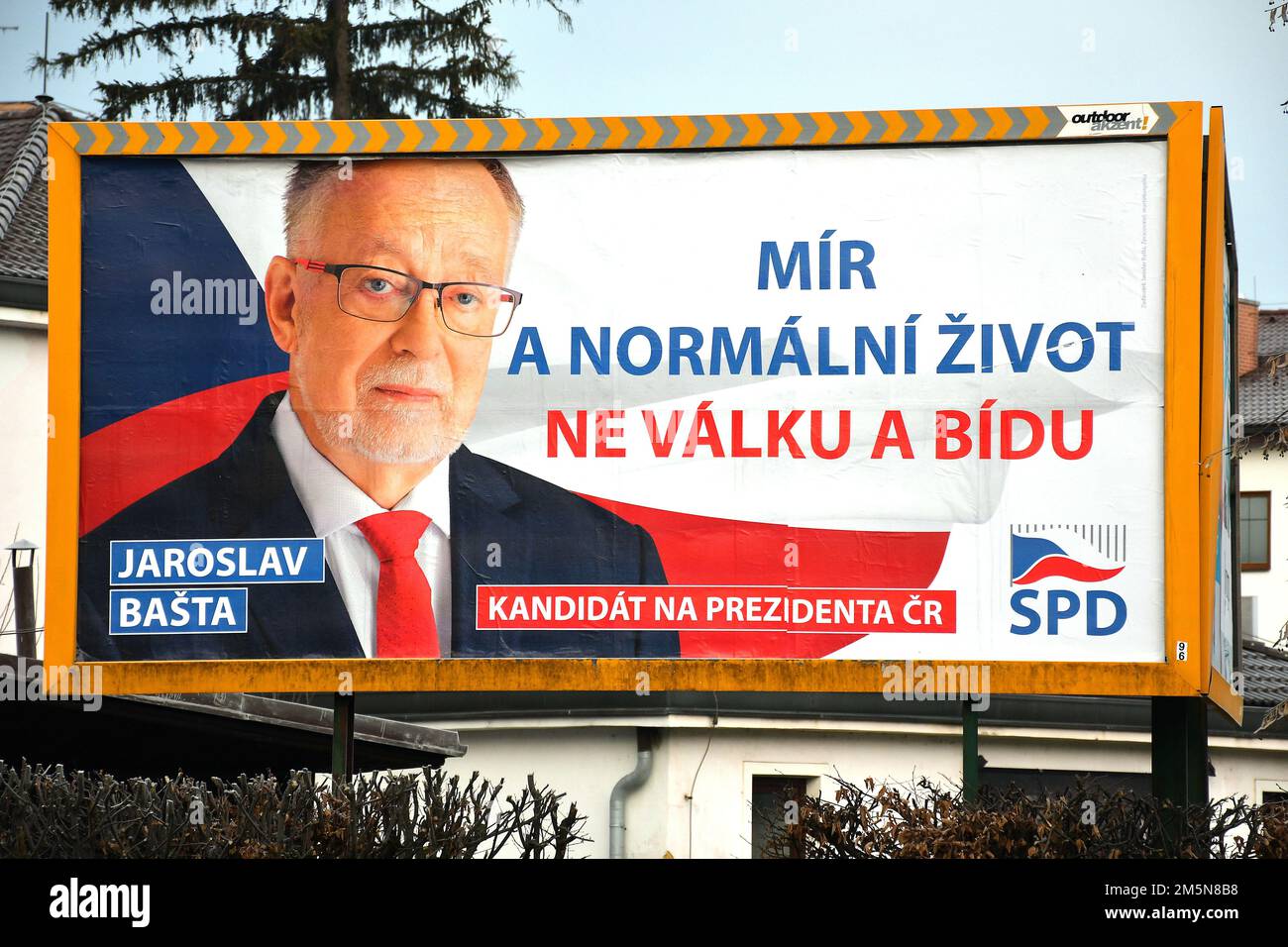 Billboard of SPD (Freedom and Direct Democracy) candidate Jaroslav Basta before the presidential