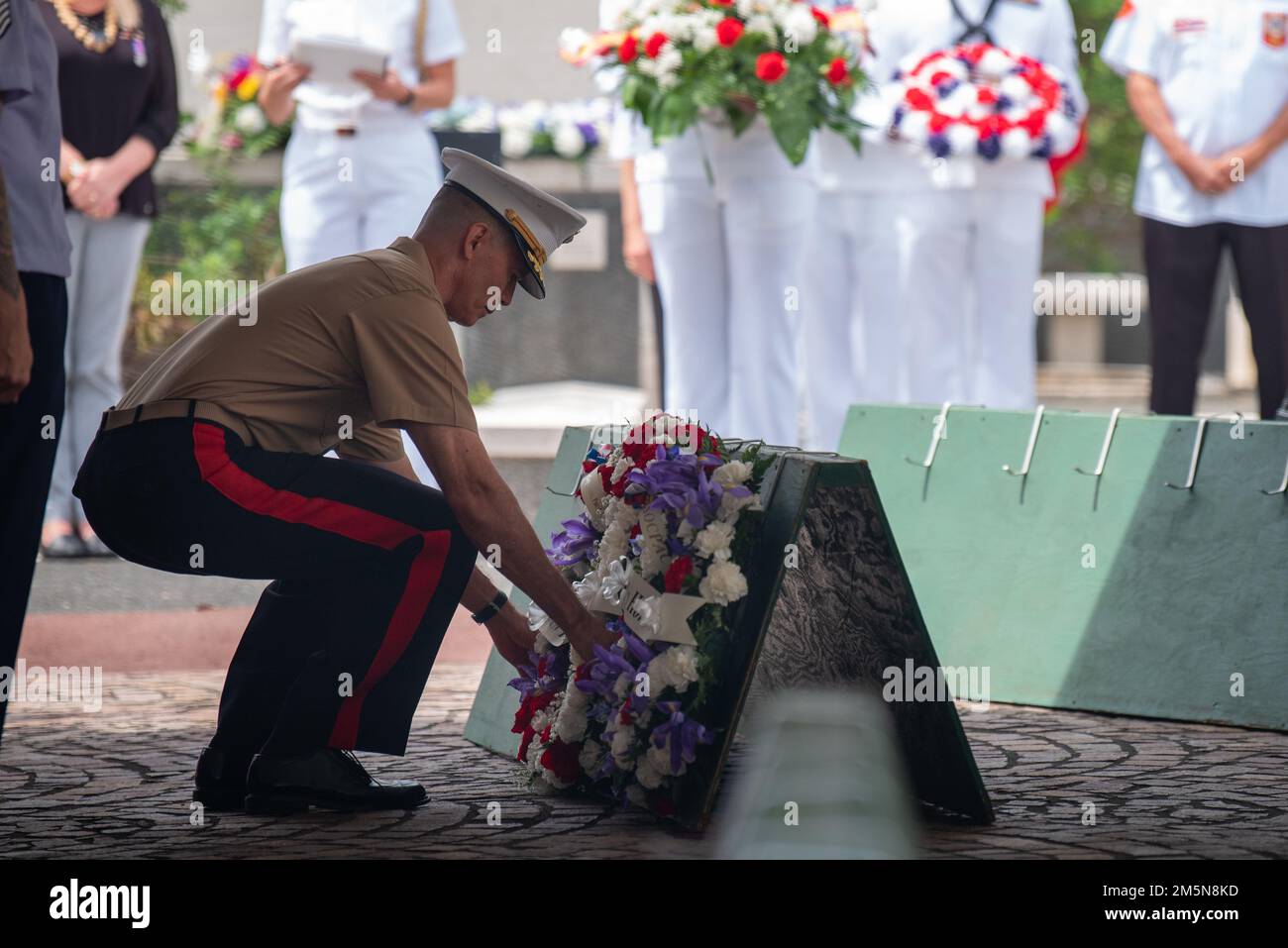 HONOLULU (March 29, 2022) Brig. Gen. Mark Hashimoto, Mobilization Assistant to the Commander, U.S. Indo-Pacific Command, lays a wreath during the Vietnam War Veterans Day Ceremony at the National Memorial Cemetery of the Pacific. Service members, veterans, distinguished guests, and spectators gathered to honor over three million men and women who served and sacrificed during the Vietnam War. Stock Photo