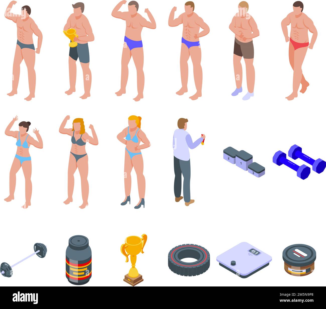 Bodybuilding icons set. Isometric set of bodybuilding vector icons for ...