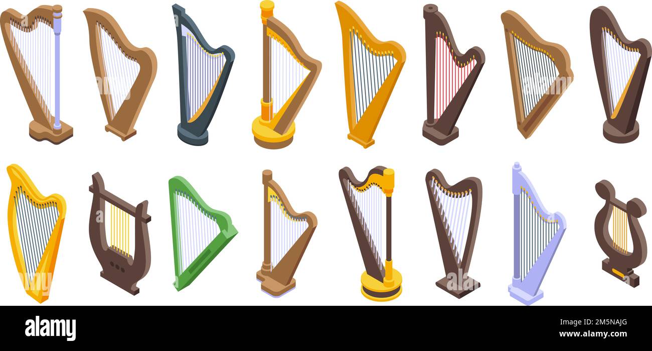 Harp icons set. Isometric set of harp vector icons for web design ...