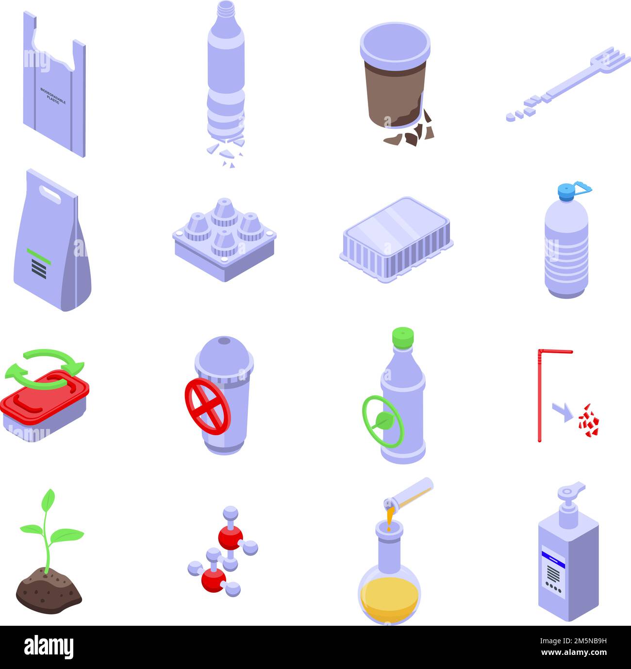 Biodegradable plastic icons set. Isometric set of biodegradable plastic ...
