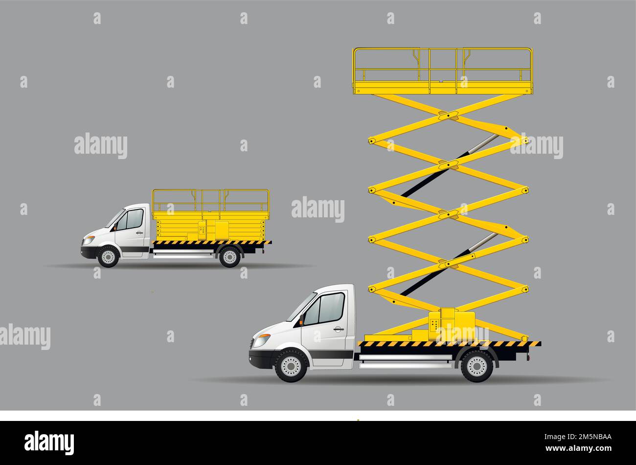 A set of vector images of a scissor lift on a car chassis in transport and working position. Stock Vector