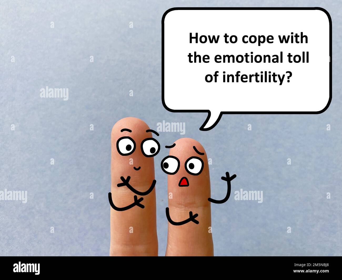 Two fingers are decorated as two person. One of them is asking how to cope with the emotional toll of infertility. Stock Photo