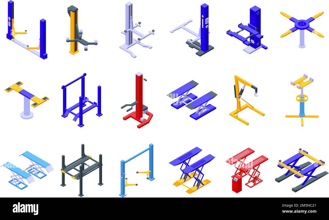 Car lift icons set. Isometric set of car lift vector icons for web