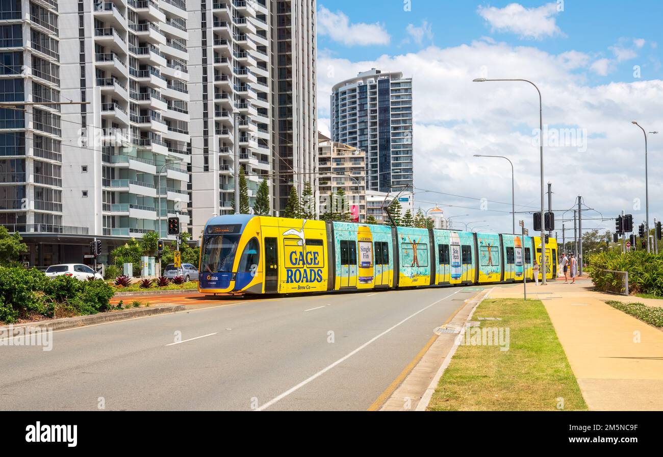 GOLD COAST, QUEENSLAND,AUSTRALIA DECEMBER 21st 2022, G:Link Gold Coast Light Rail. Tram on route through Broadbeach on a 20km route. Stock Photo