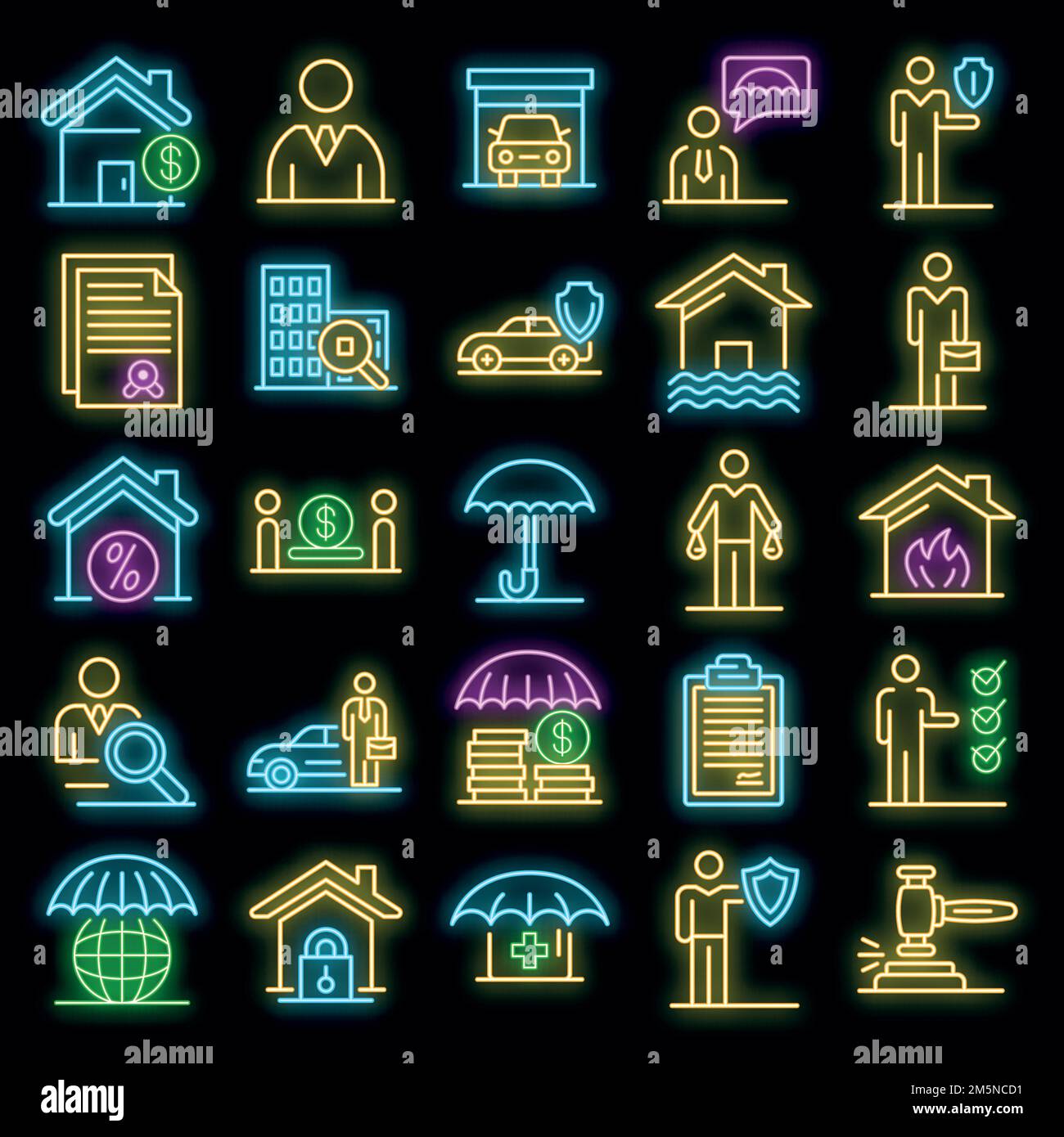 Insurance agent icons set. Outline set of insurance agent vector icons neon color on black Stock Vector