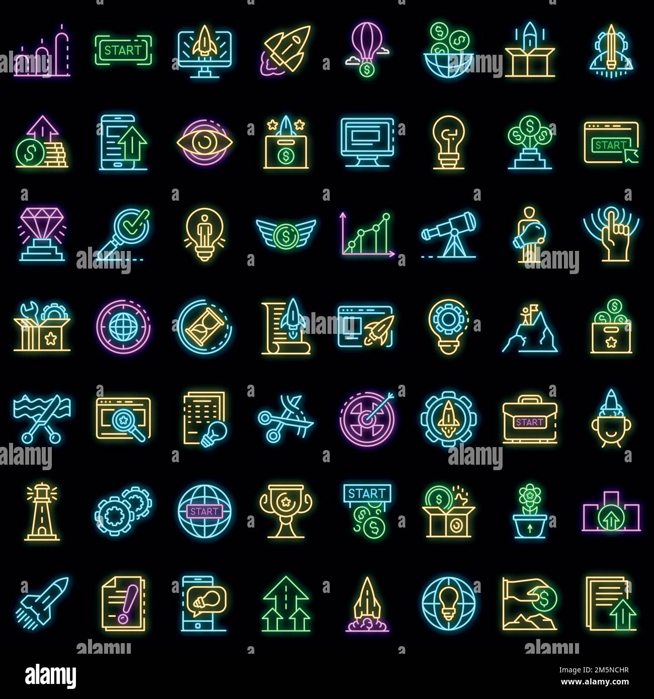 Startup icons set. Outline set of startup vector icons neon color on ...