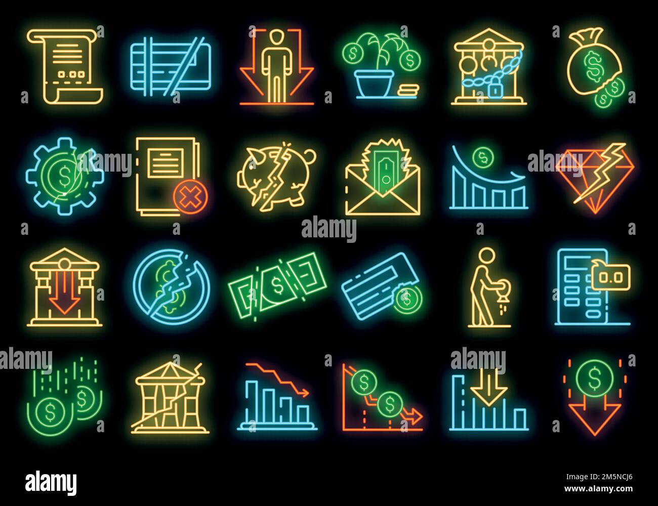 Bankrupt icons set. Outline set of bankrupt vector icons neon color on ...