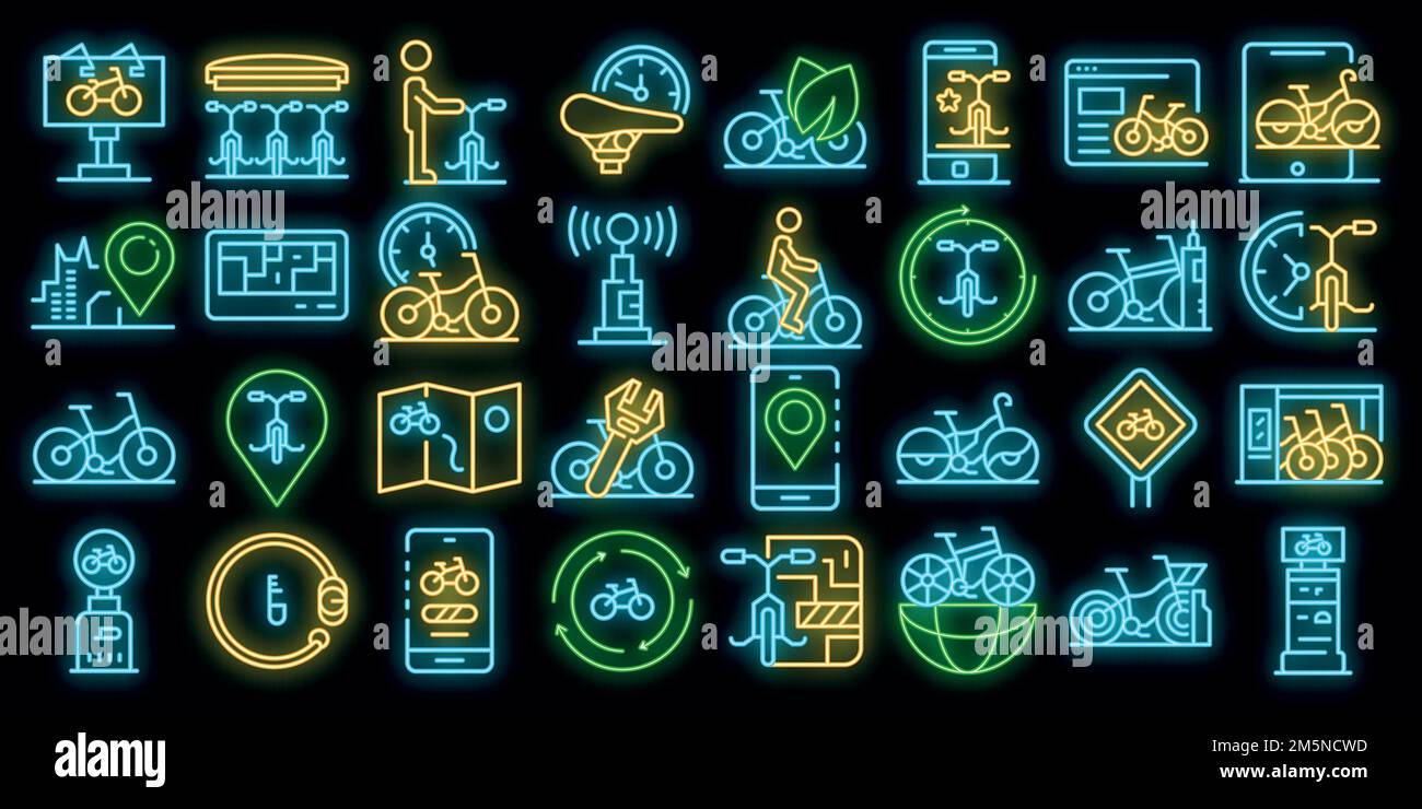 Rent a bike icons set. Outline set of rent a bike vector icons neon color on black Stock Vector