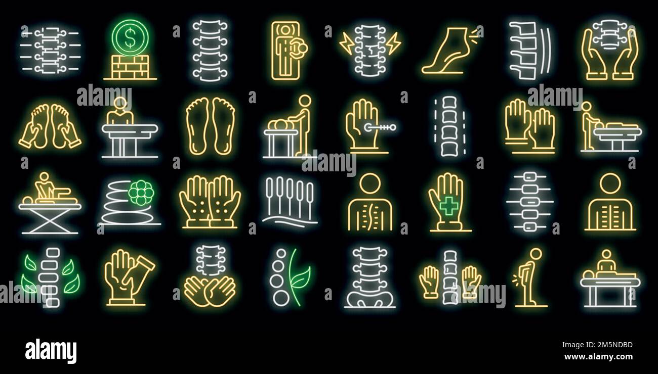 Osteopathy icons set. Outline set of osteopathy vector icons neon color ...