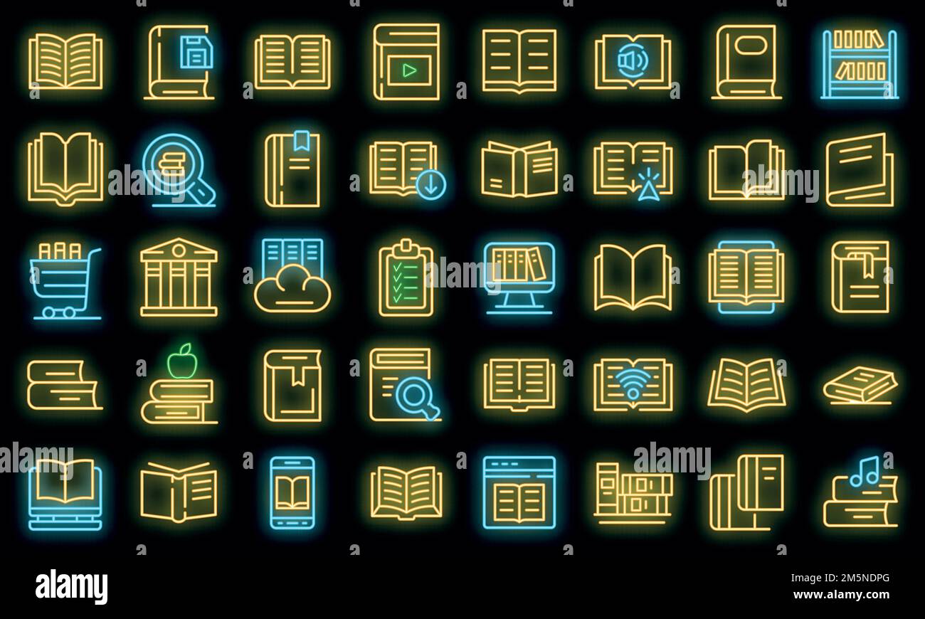 Library icons set. Outline set of library vector icons neon color on ...