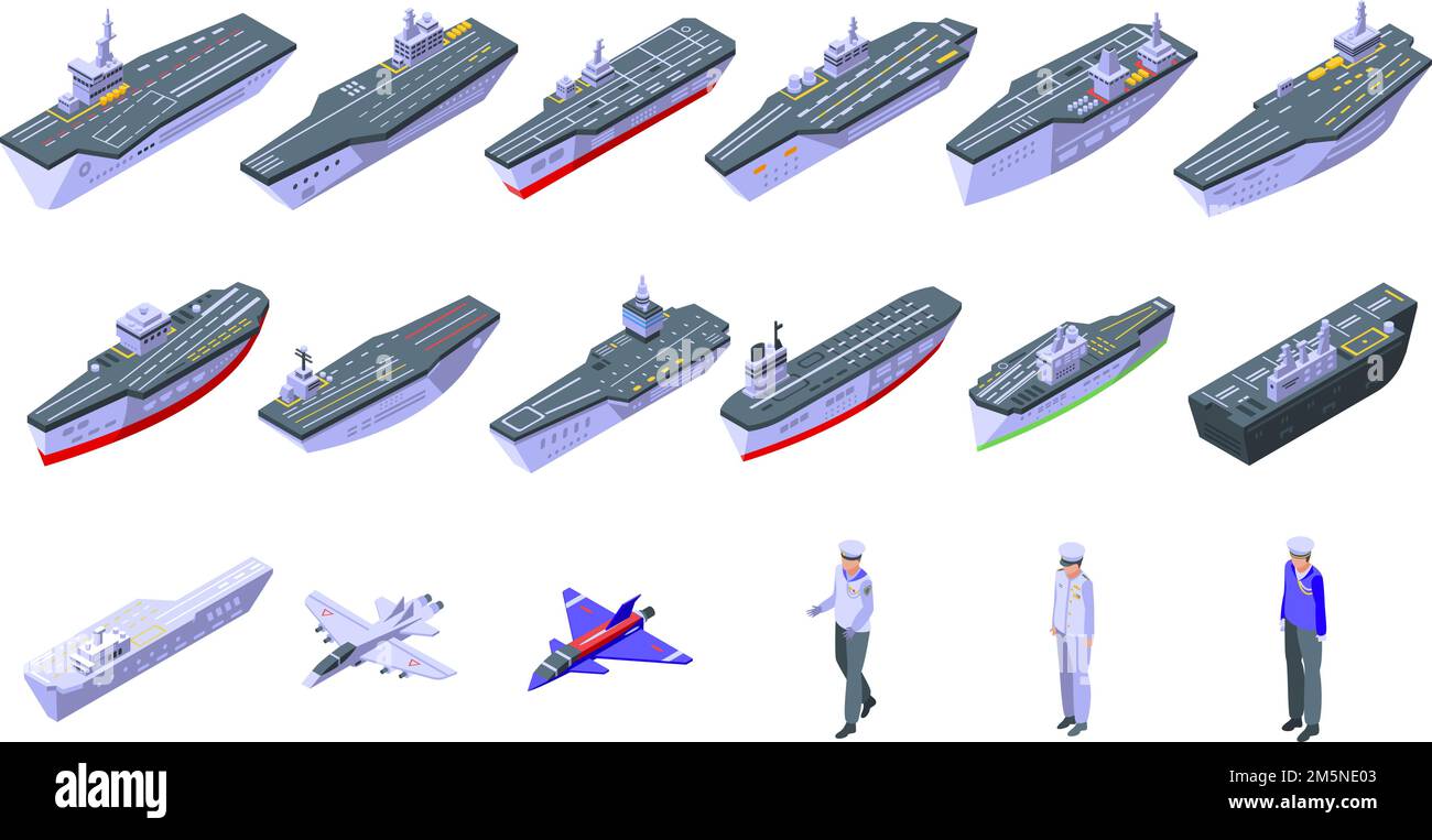 Aircraft carrier icons set. Isometric set of aircraft carrier vector icons for web design isolated on white background Stock Vector