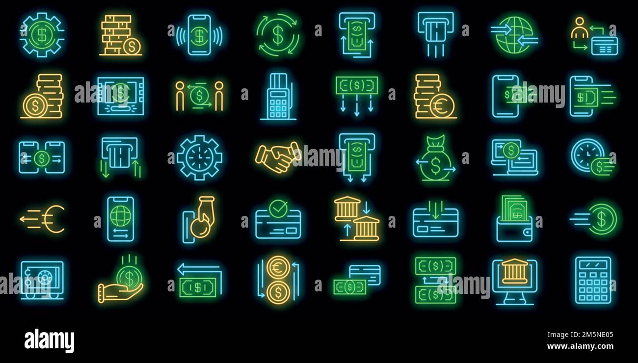Money transfer icons set. Outline set of Money transfer vector icons neoncolor on black Stock Vector
