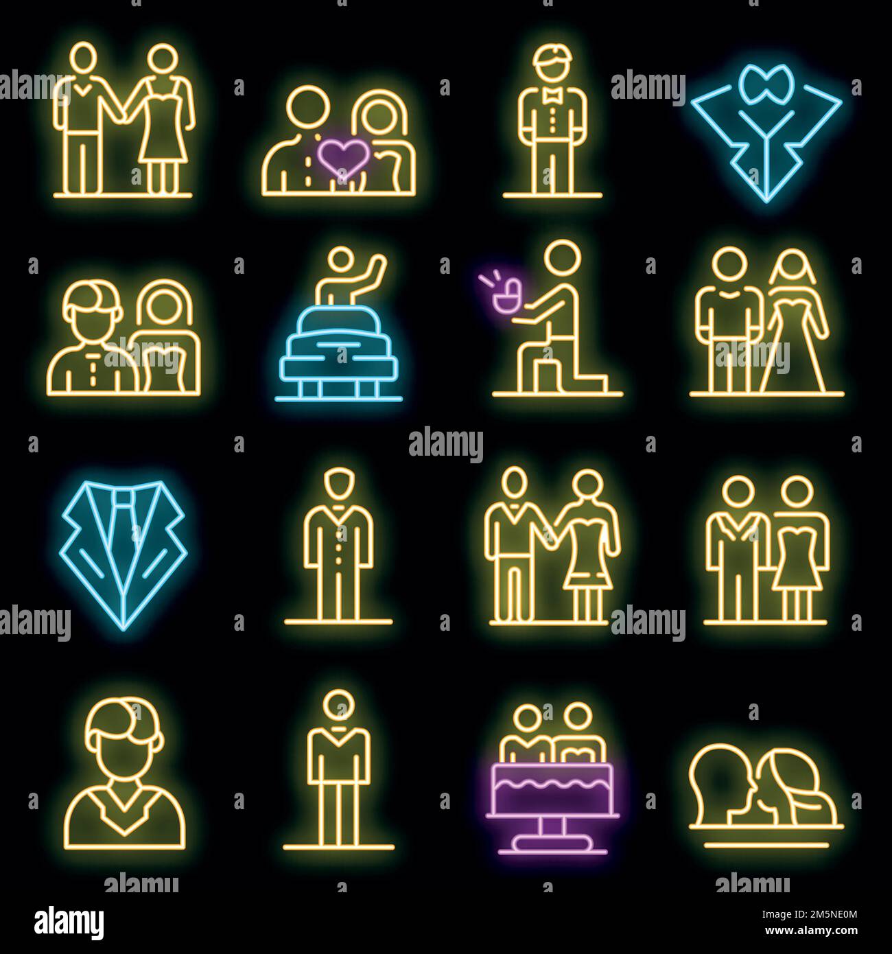 Groom icons set. Outline set of groom vector icons neon color on black ...