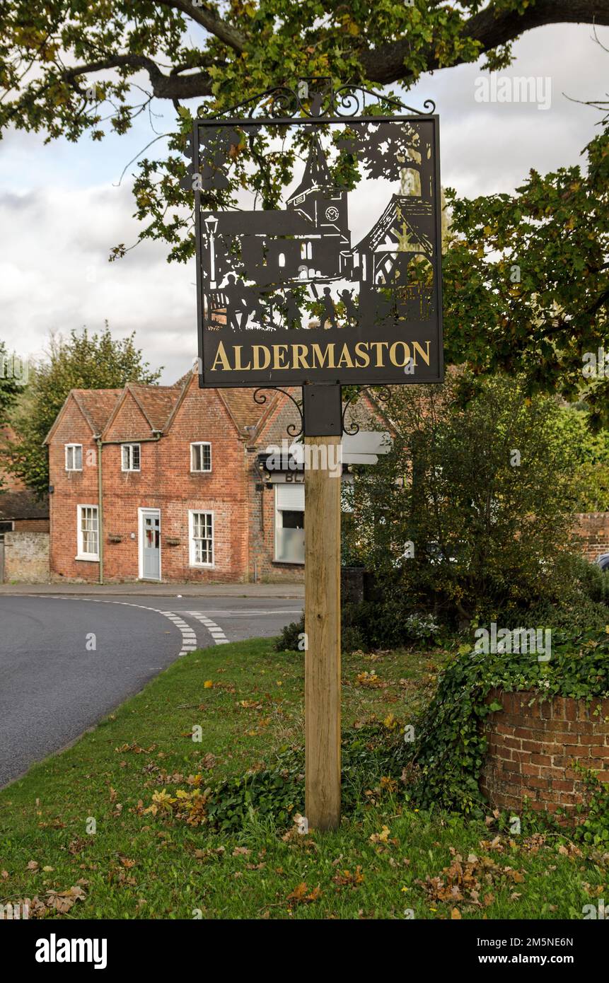 Elegant iron sign in the middle of the village of Aldermaston, Berkshire on a sunny Autumn afternoon. Stock Photo