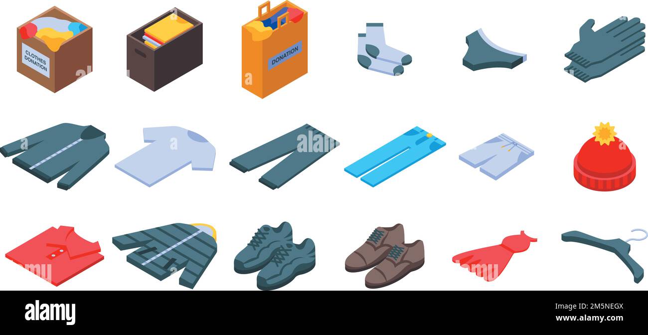 Clothes donation icons set. Isometric set of clothes donation vector ...
