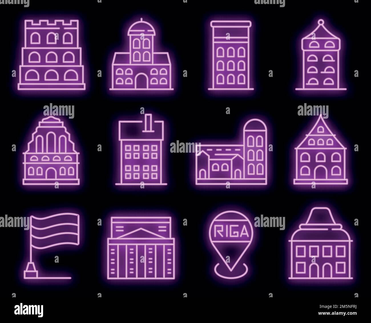 Riga icons set. Outline set of Riga vector icons neoncolor on black Stock Vector