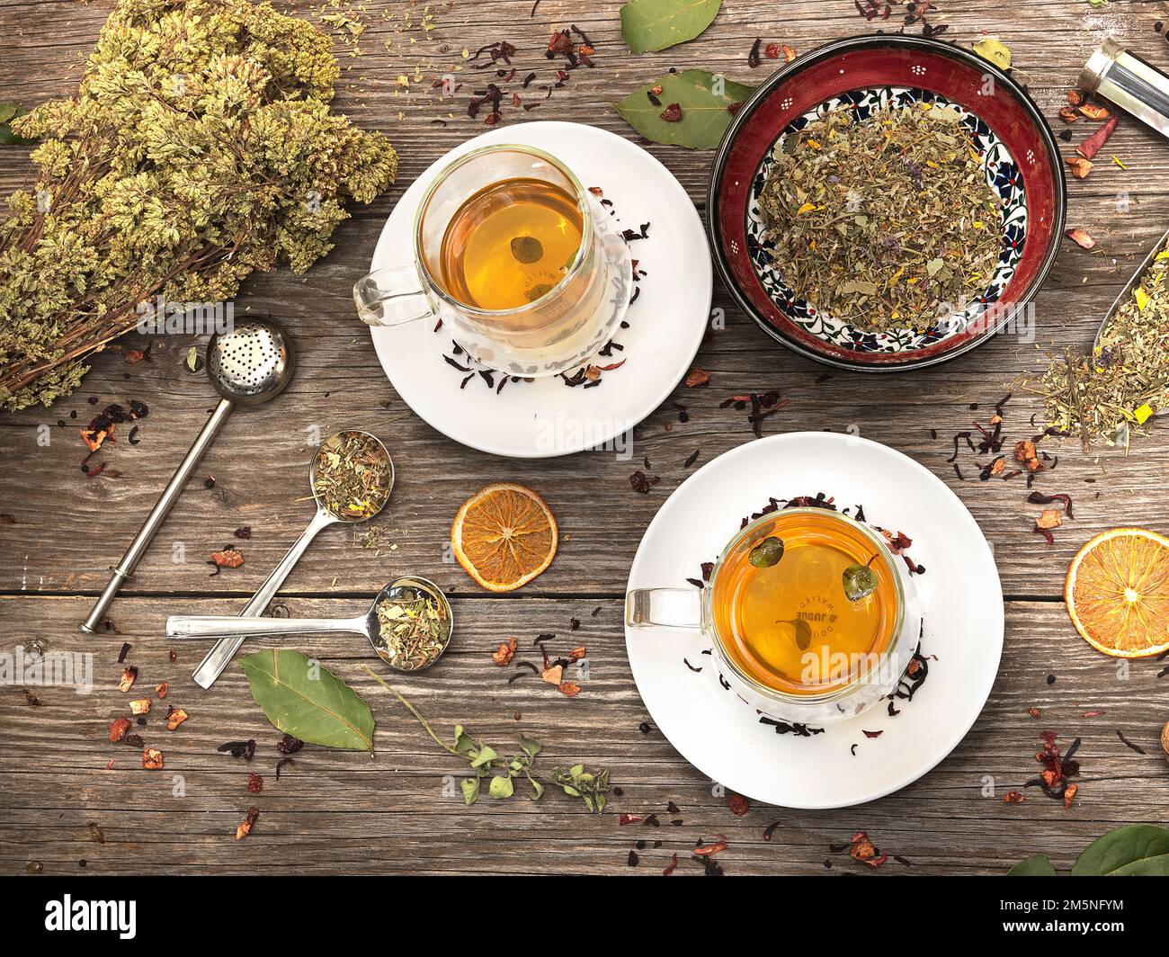 Herbal tea, cups, herb, color, relaxation Stock Photo