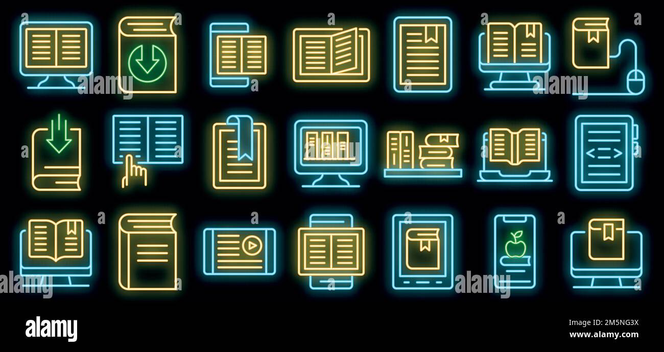 Ebook icons set. Outline set of ebook vector icons neon color on black ...