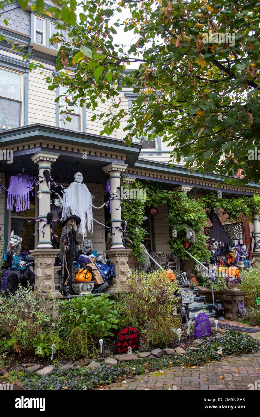 Halloween Decor on Porch of House in Lambertville in New Jersey, USA Stock Photo