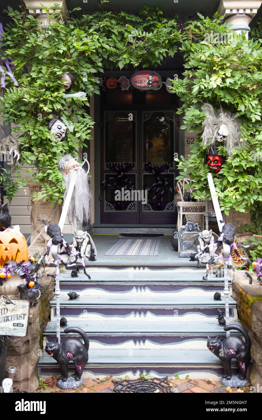 Halloween Decor on Porch of House in Lambertville in New Jersey, USA