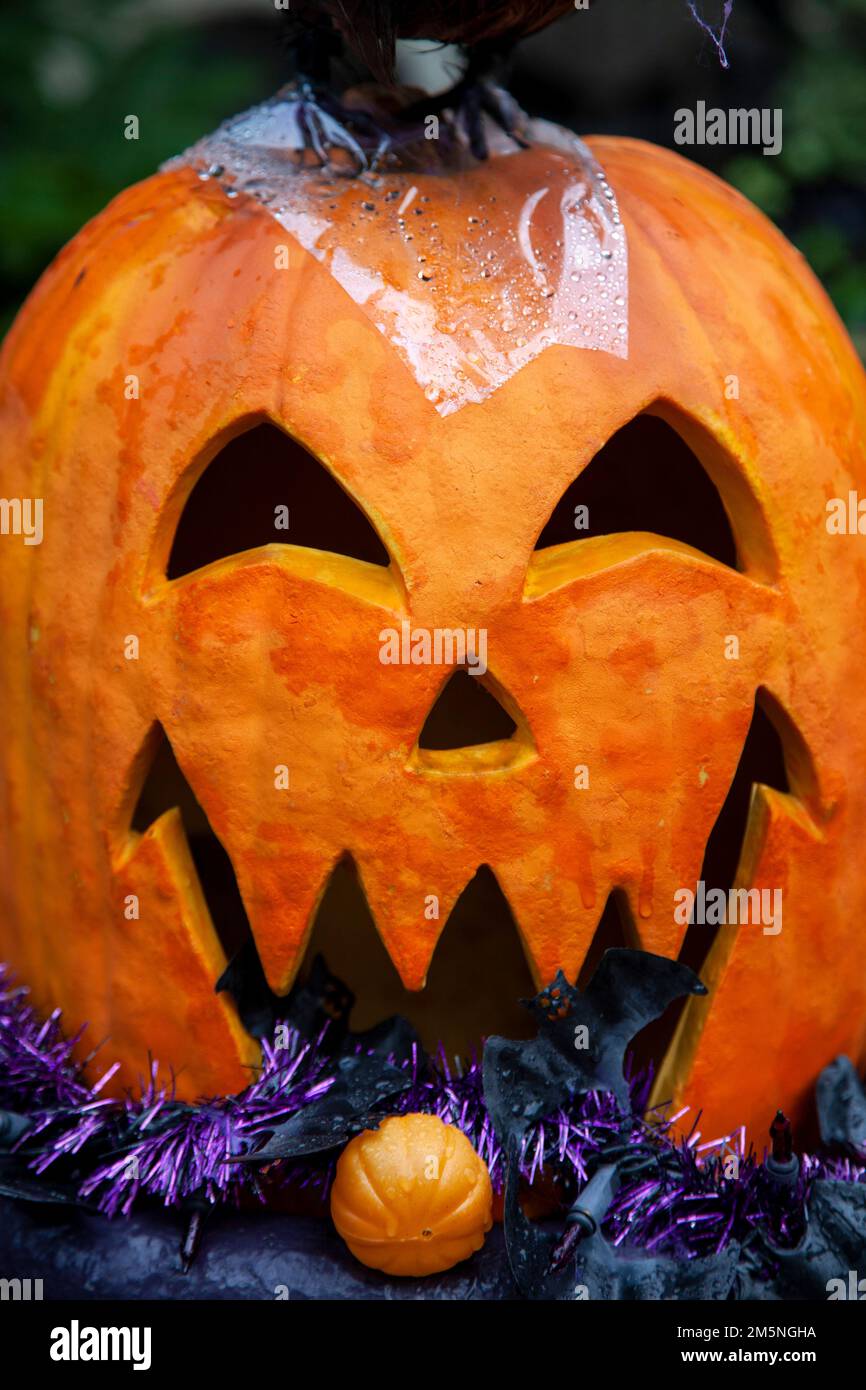 Pumpkin and Tinsel Halloween Decor in Lambertville in New Jersey, USA Stock Photo