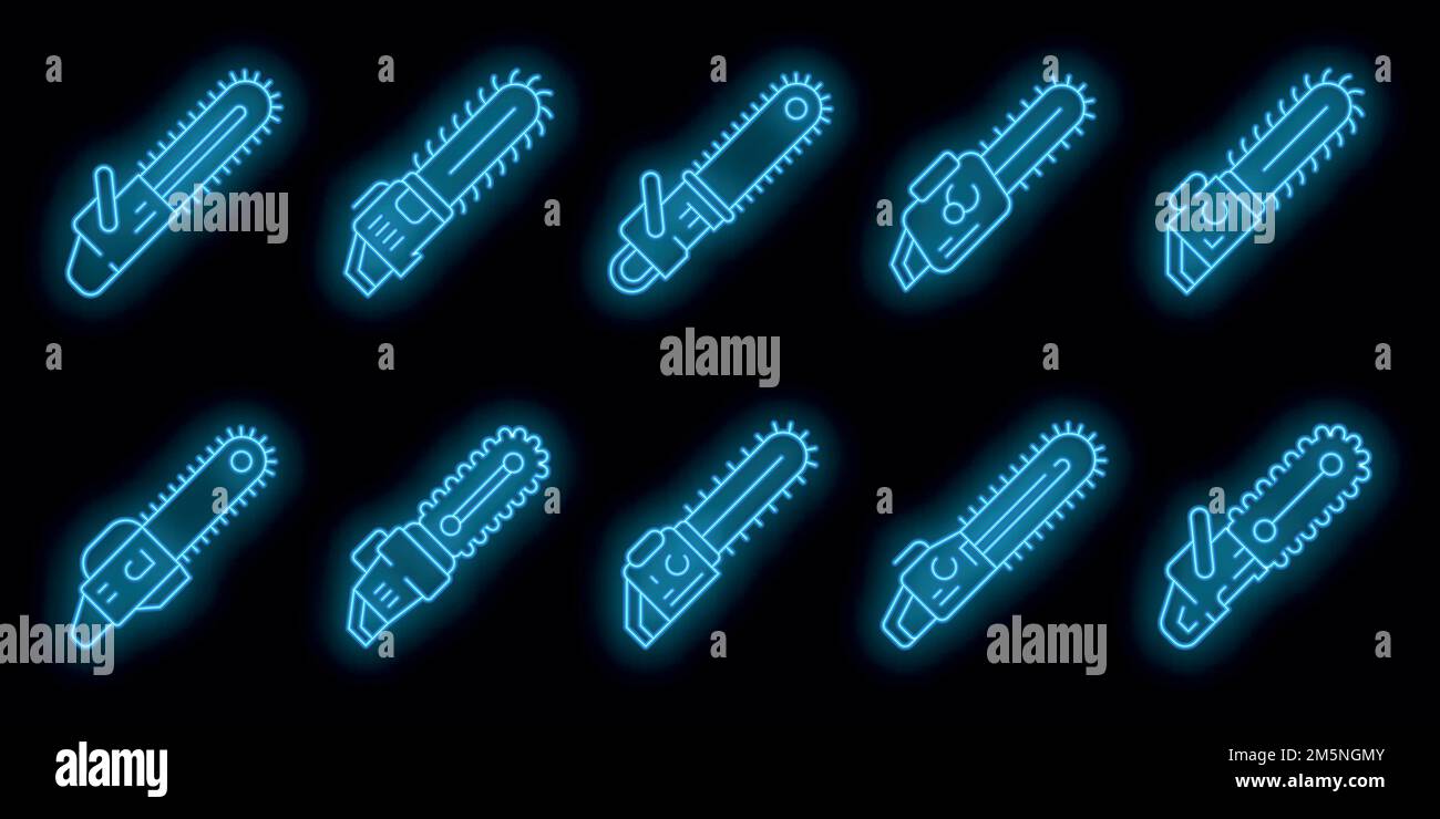 Chainsaw icons set. Outline set of chainsaw vector icons neon color on ...