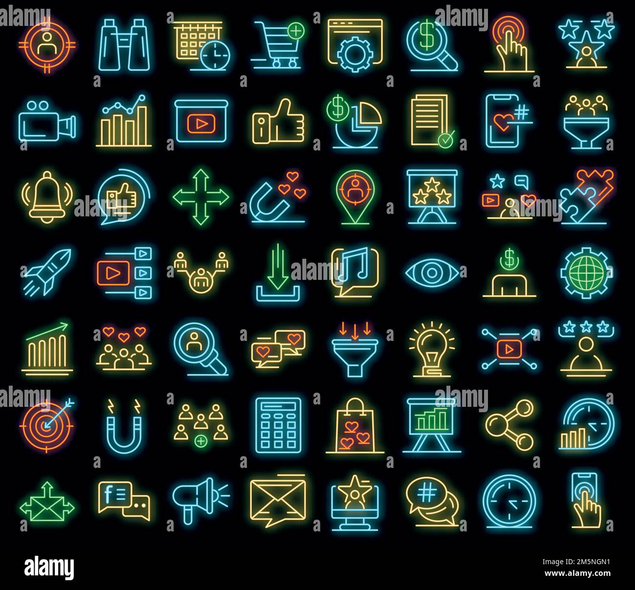 Smm icons set. Outline set of smm vector icons neon color on black ...
