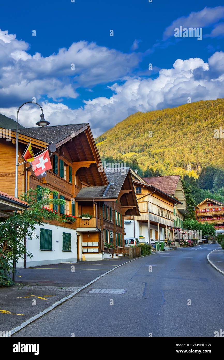 Old traditional wooden house in Switzerland Alps Stock Photo