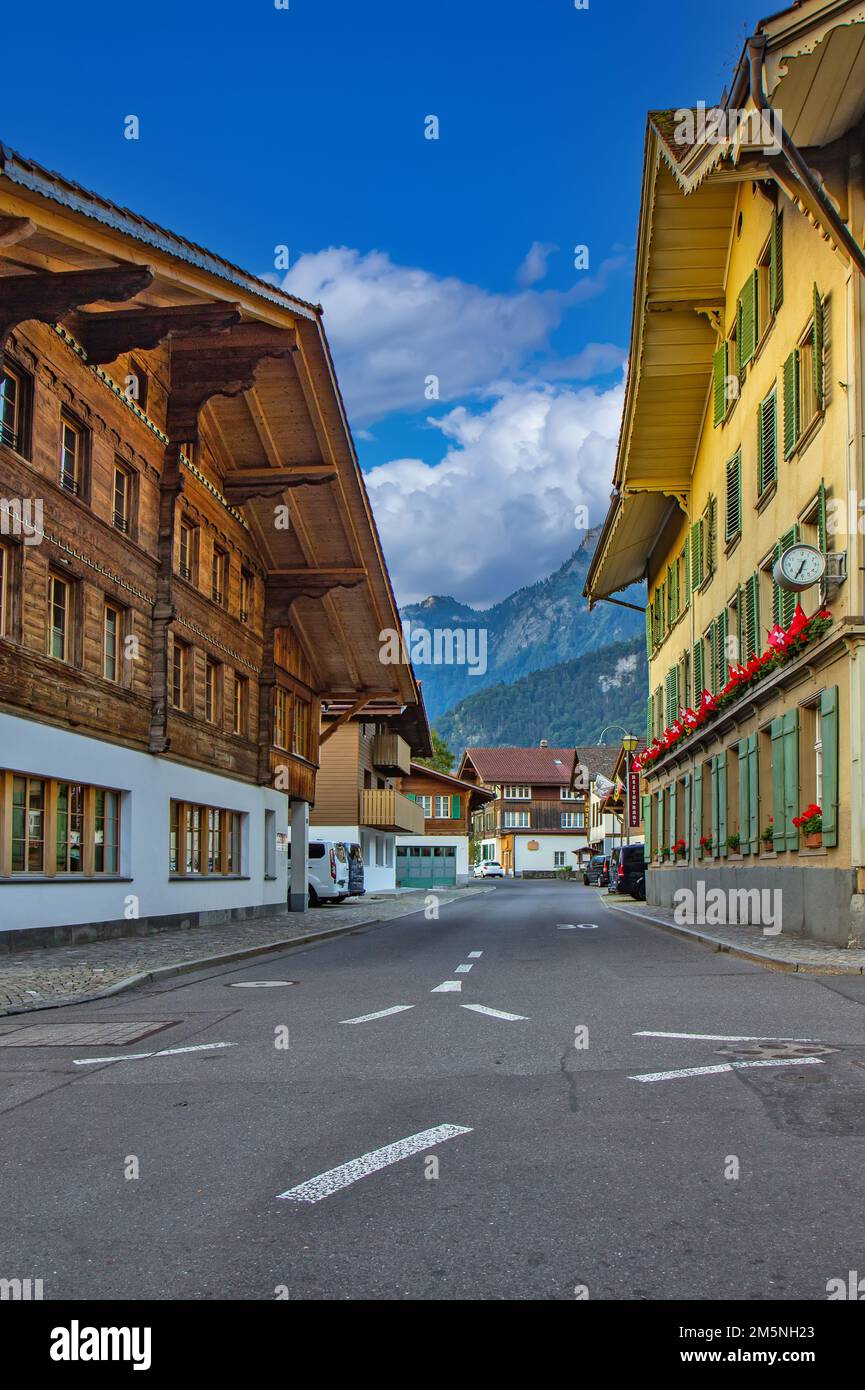 Old traditional wooden house in Switzerland Alps Stock Photo