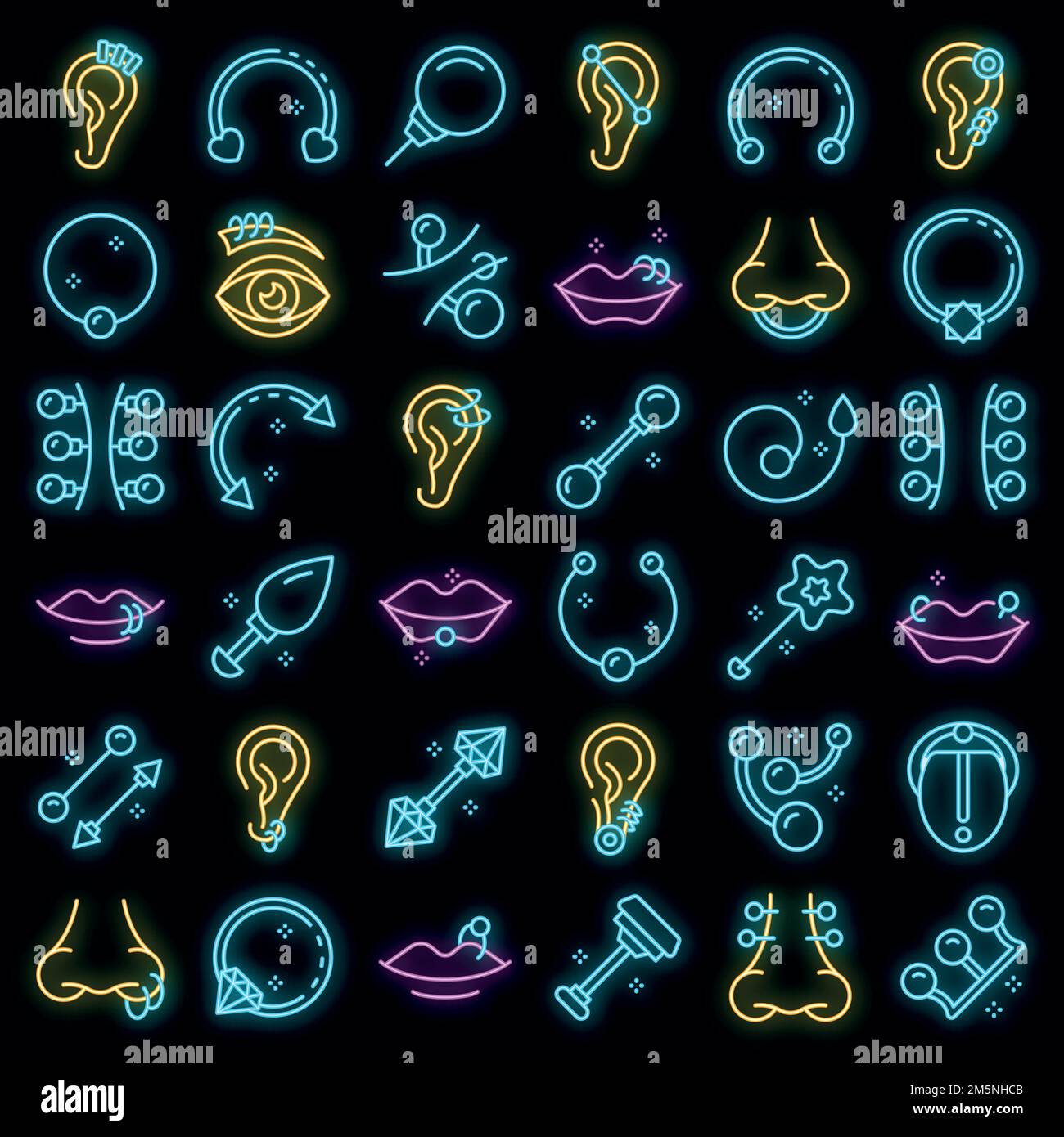 Piercing icons set. Outline set of piercing vector icons neon color on black Stock Vector