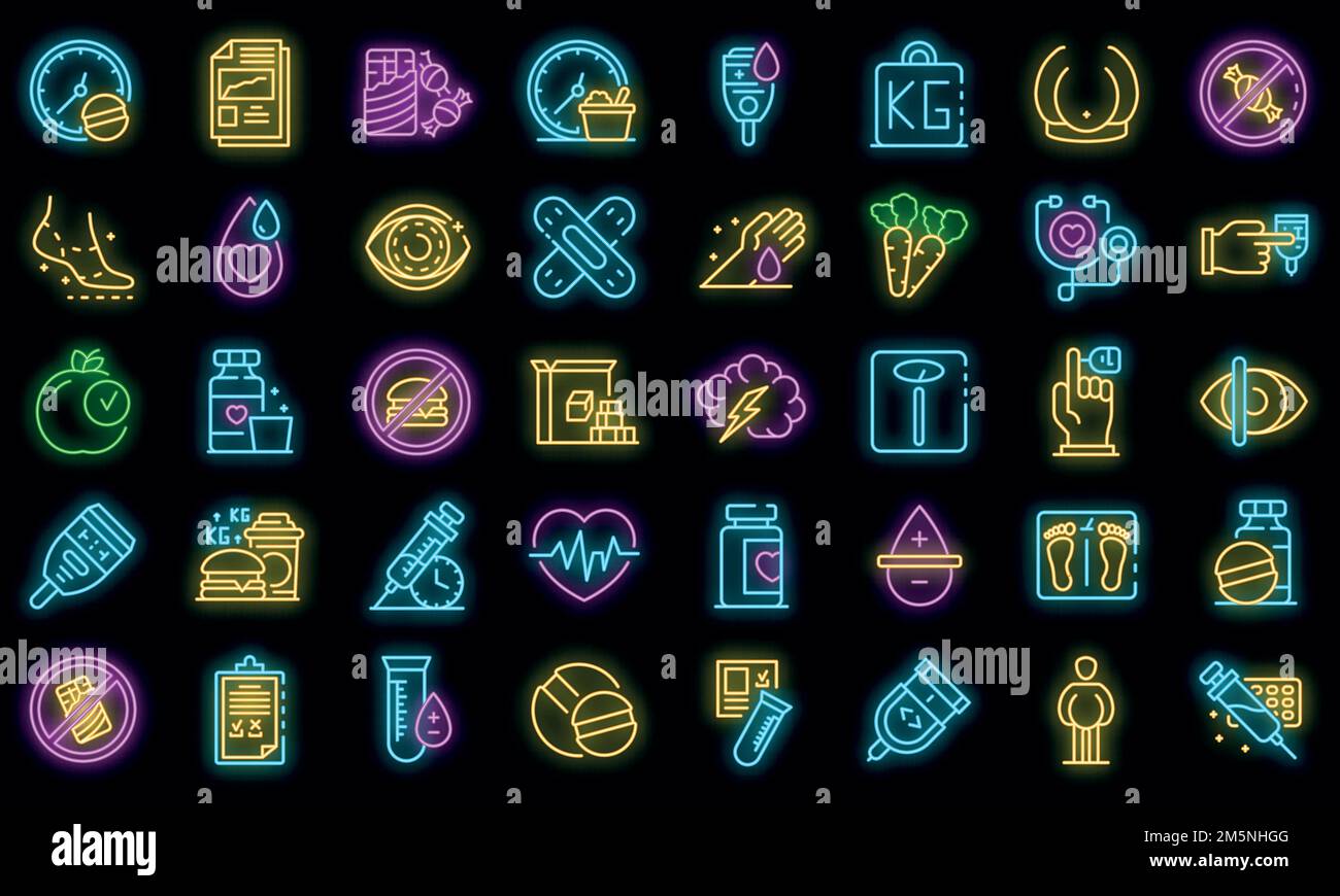 Diabetes icons set. Outline set of diabetes vector icons neon color on black Stock Vector