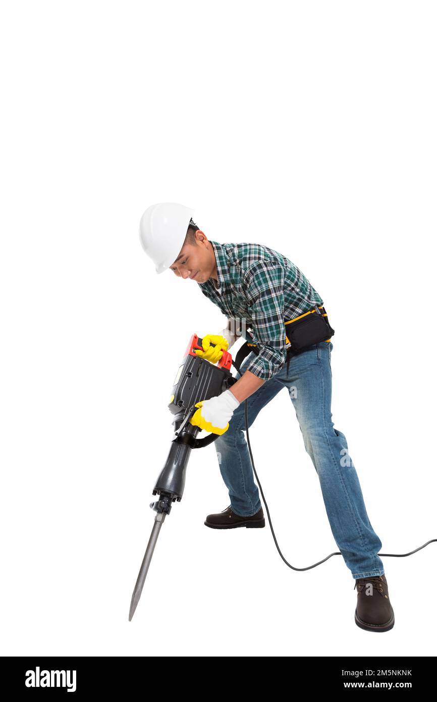 Young construction workers take percussion drill Stock Photo - Alamy
