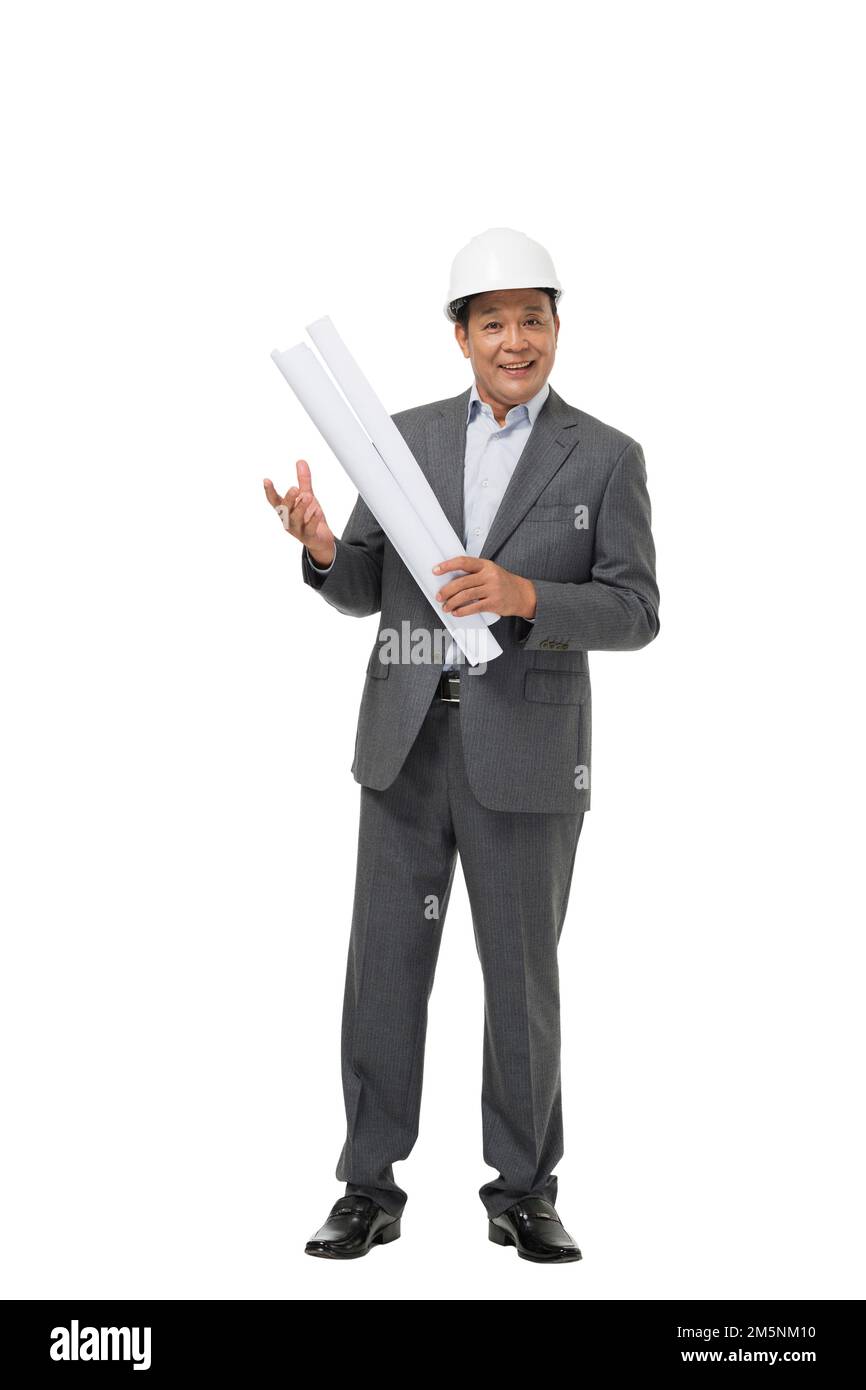 Middle-aged male construction engineer with the drawing Stock Photo