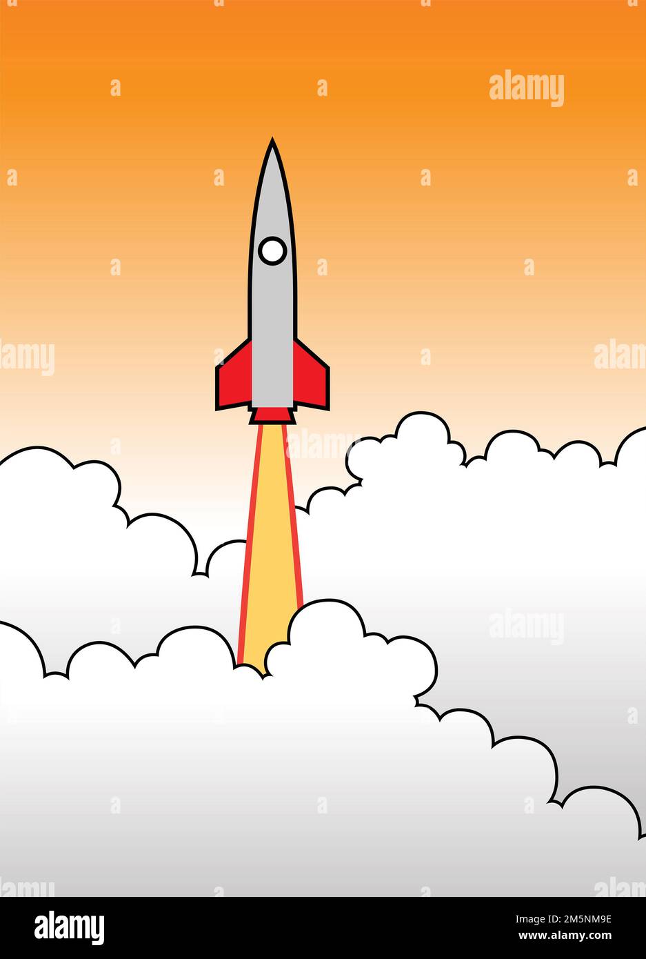 Illustration of a Rocket Launching and Flying into the Orange Sky Stock ...