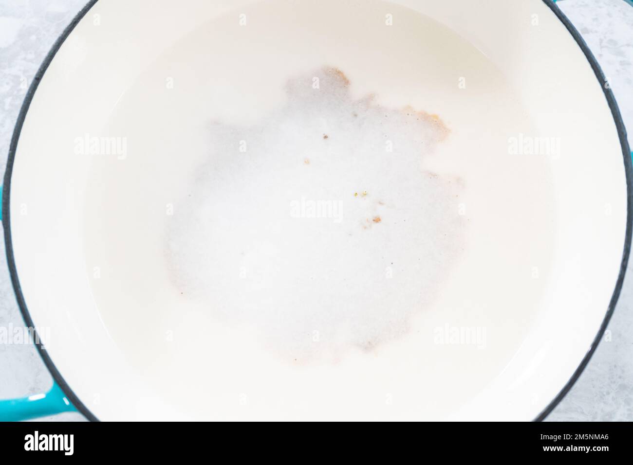 Cleaning cast iron blue enameled braiser Stock Photo Alamy