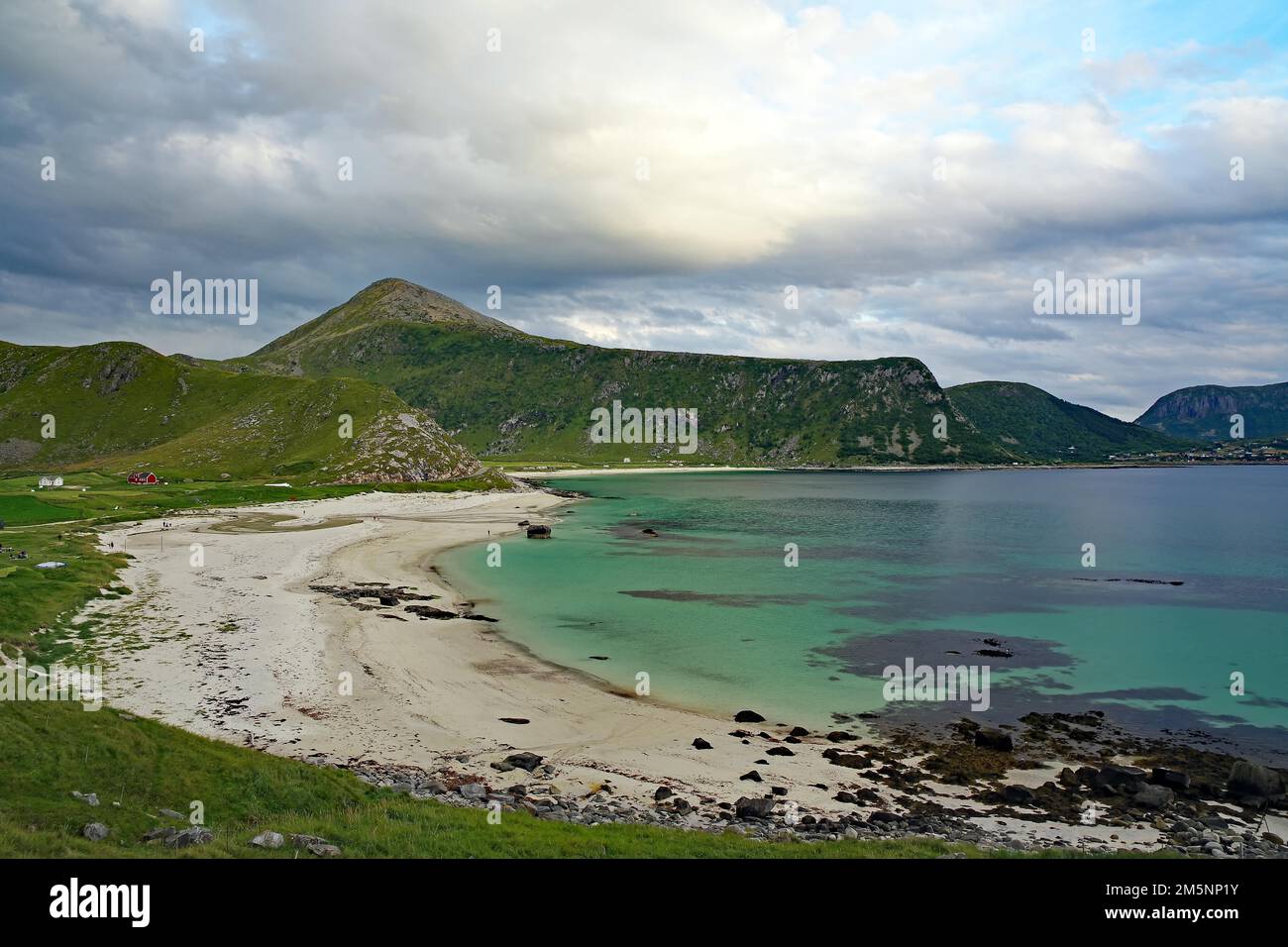 Fine sandy beach with emerald green water, Haukland, Vestvagoy Nordland, Norway Stock Photo