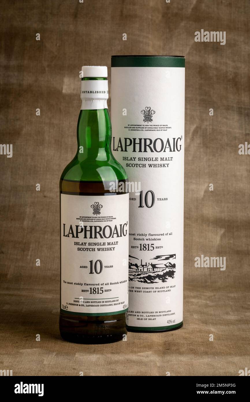 A bottle of Laphroaig Single Malt Scotch Whisky Stock Photo