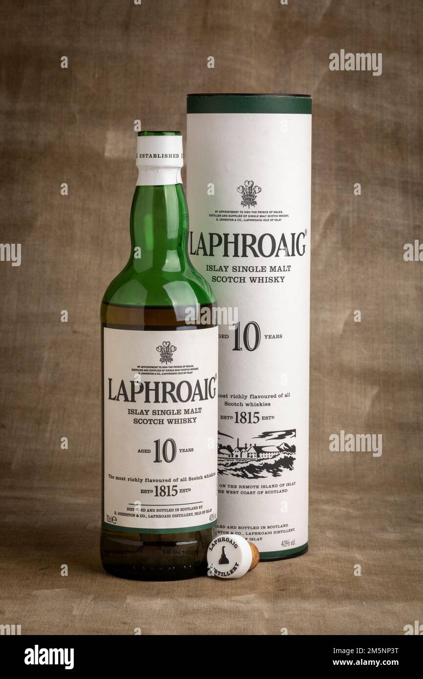 A bottle of Laphroaig Single Malt Scotch Whisky Stock Photo