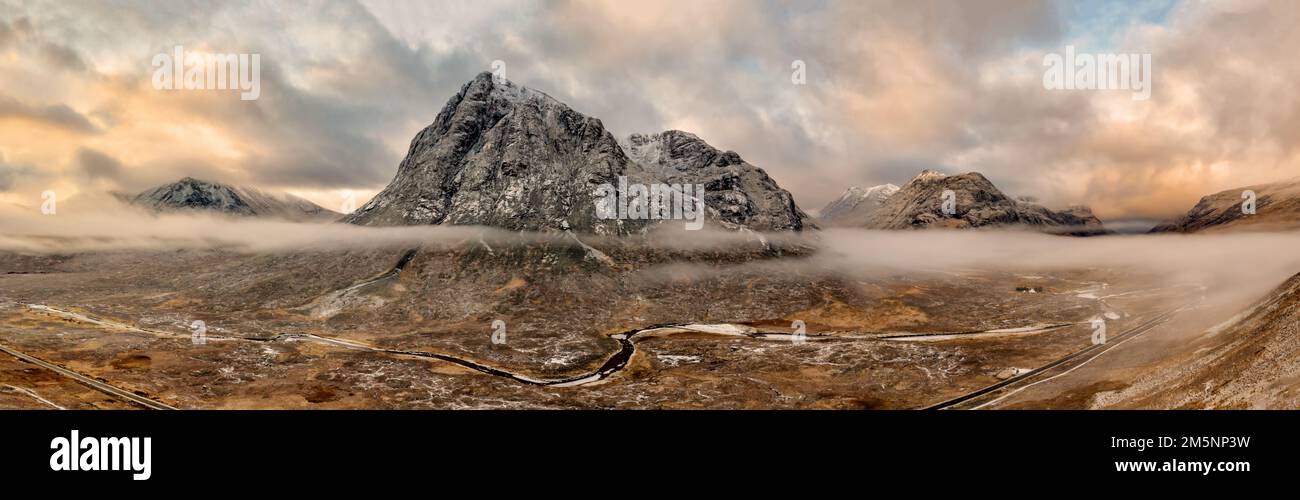 Glencoe aerial view of  the Scottish Highlands. Rugged winter scenery and landscapes in the mountains near Loch Ness and Fort William. Stock Photo