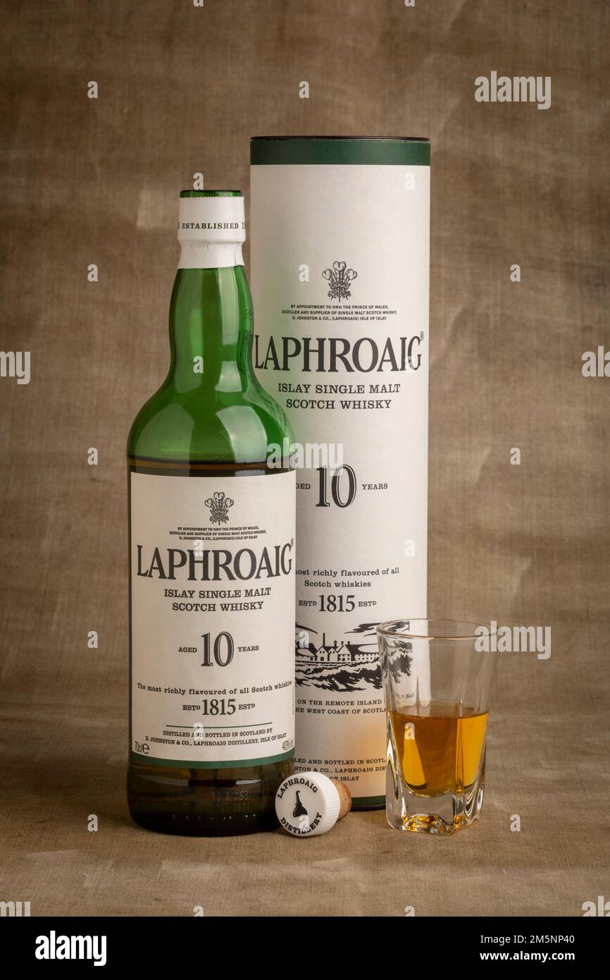 A bottle of Laphroaig Single Malt Scotch Whisky Stock Photo