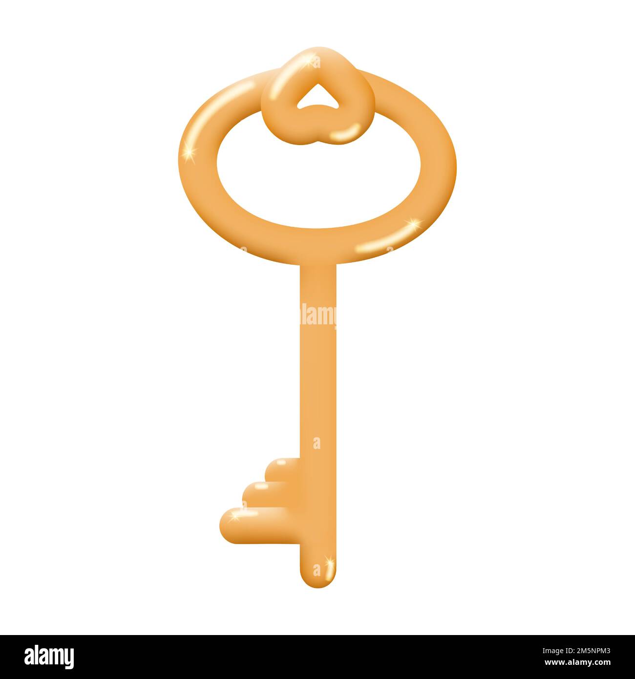 Golden glossy key decorated with a heart isolated on a white background. Romantic symbol of love. Cartoon key. Vector illustration. Stock Vector