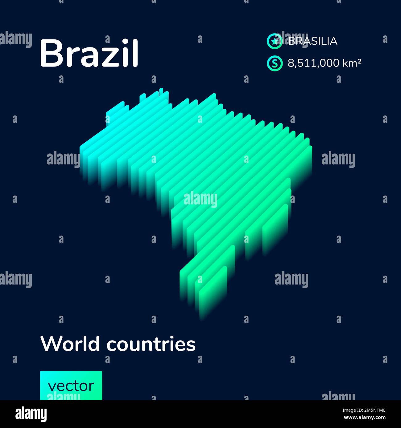 Stylized neon isometric striped vector Brazil map with 3d effect. Map of Brazil is in green and mint colors on the dark blue background Stock Vector
