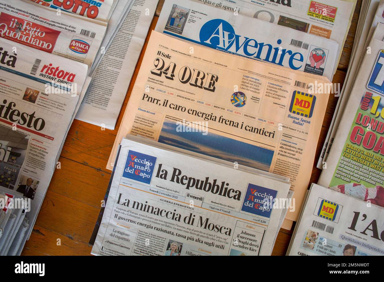 Italian newspapers on sale at a news stand in the South Tyrol. Meran, Italy Stock Photo