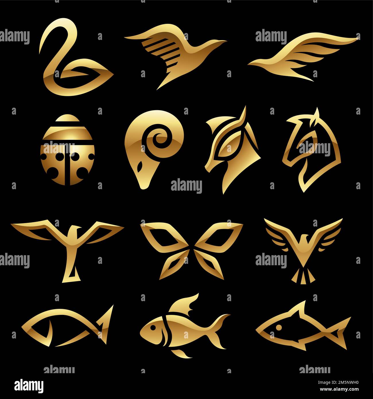 Golden Glossy Abstract Animal Icons on a Black Background Stock Photo ...