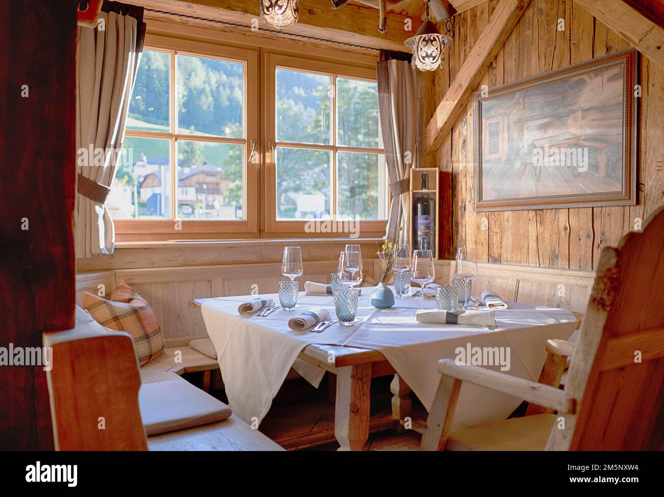 Interior view of laid table, Restaurant Tubladel, Ortisei, Ortisei, Val ...